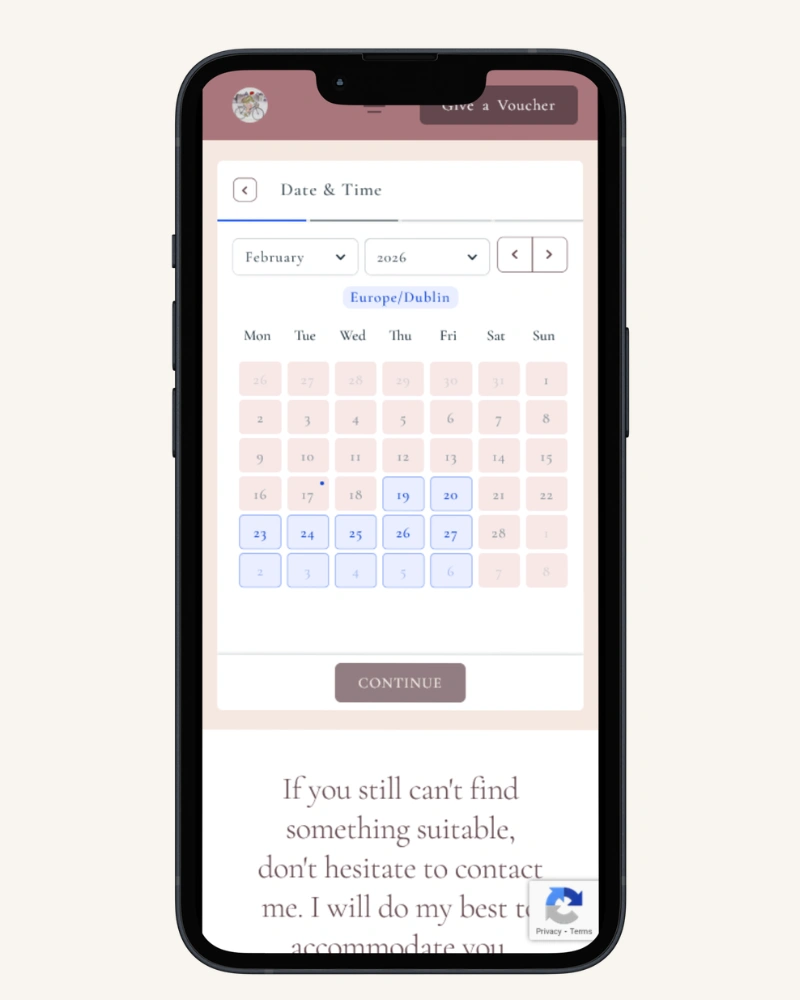 Mobile view of the Doula Next Door online booking calendar, showing appointment scheduling functionality on the Amelia booking system