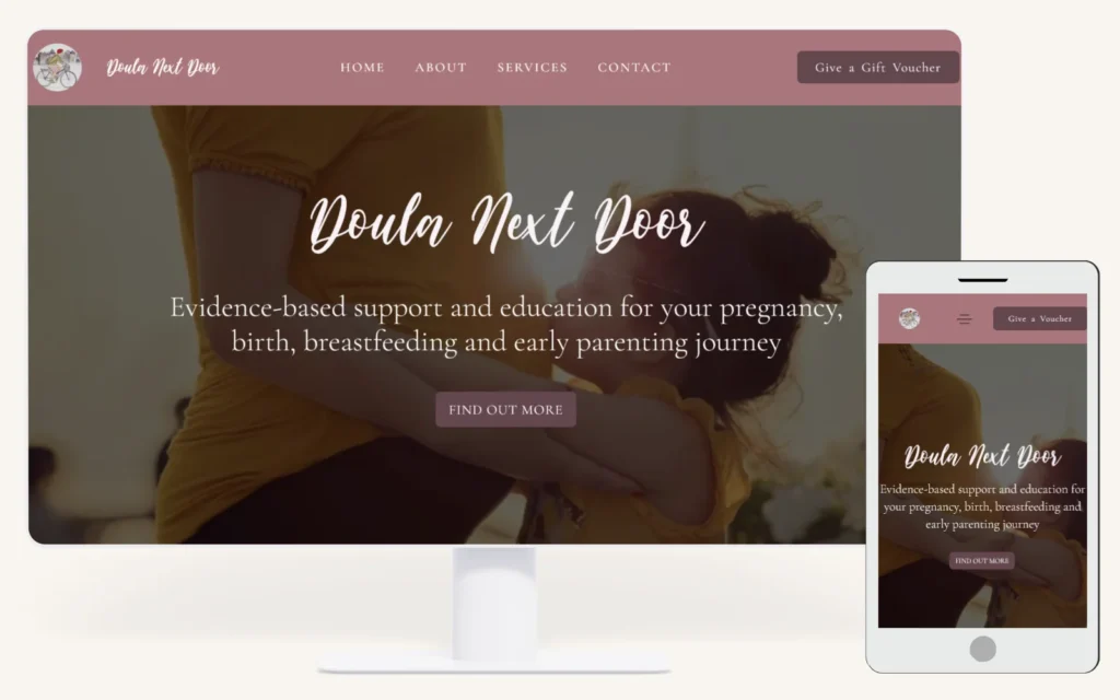 Desktop and mobile mockup of the Doula Next Door website designed by LC Web Creations, showing a responsive doula services website with a warm mauve colour scheme