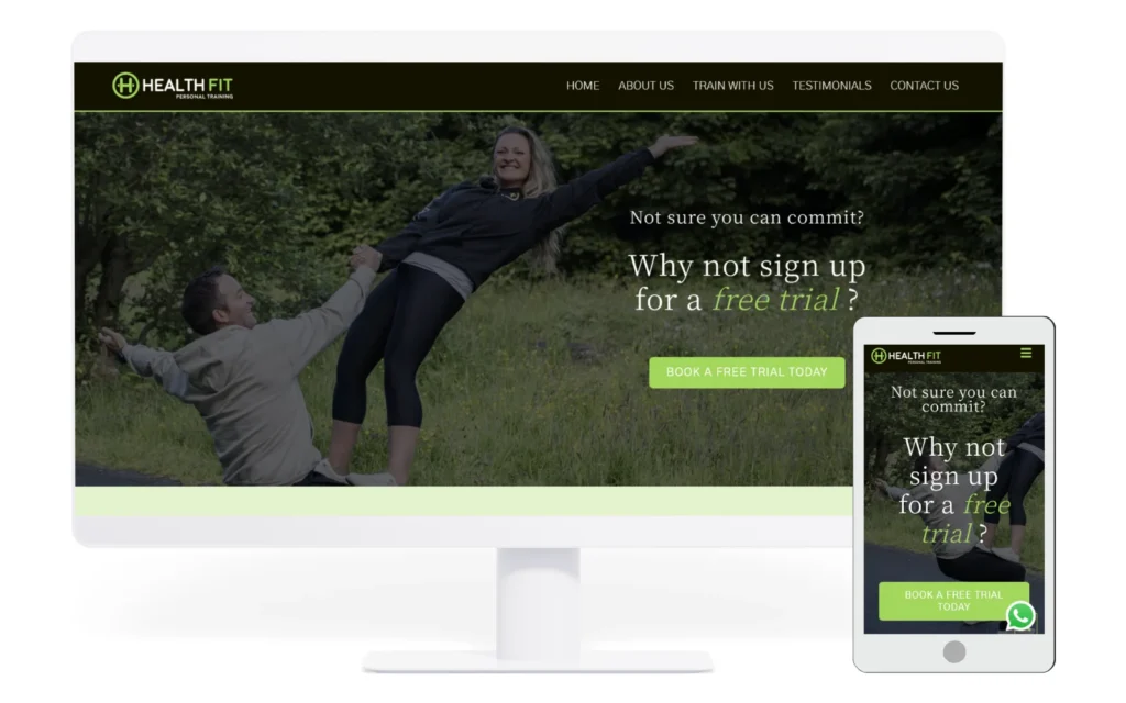 Desktop and mobile mockup of the Healthfit Personal Training website designed by LC Web Creations, showing a responsive fitness website with a bold dark green and lime colour scheme