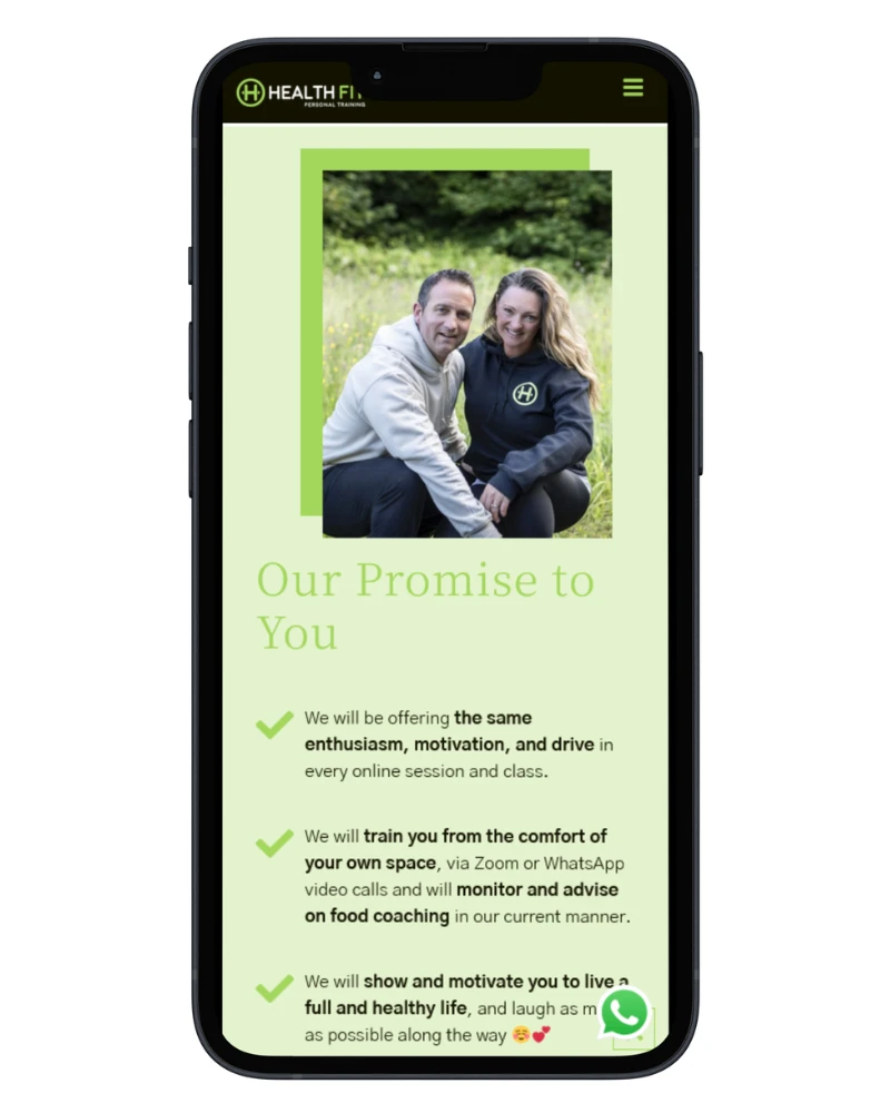 Mobile view of the Healthfit personal training website designed by LC Web Creations, showing a clean green brand and Our Promise to You section